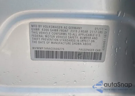 2012 Volkswagen Cc Sport/R-Line из США, поврежденный, VIN WVWMP7AN6CE506276